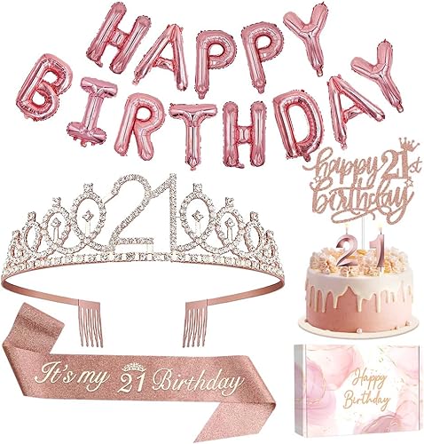 Decoraciones de cumpleaños número 21 para ella, incluye pancarta de letras de globos de feliz cumpleaños, corona y banda de tiara de diamantes de