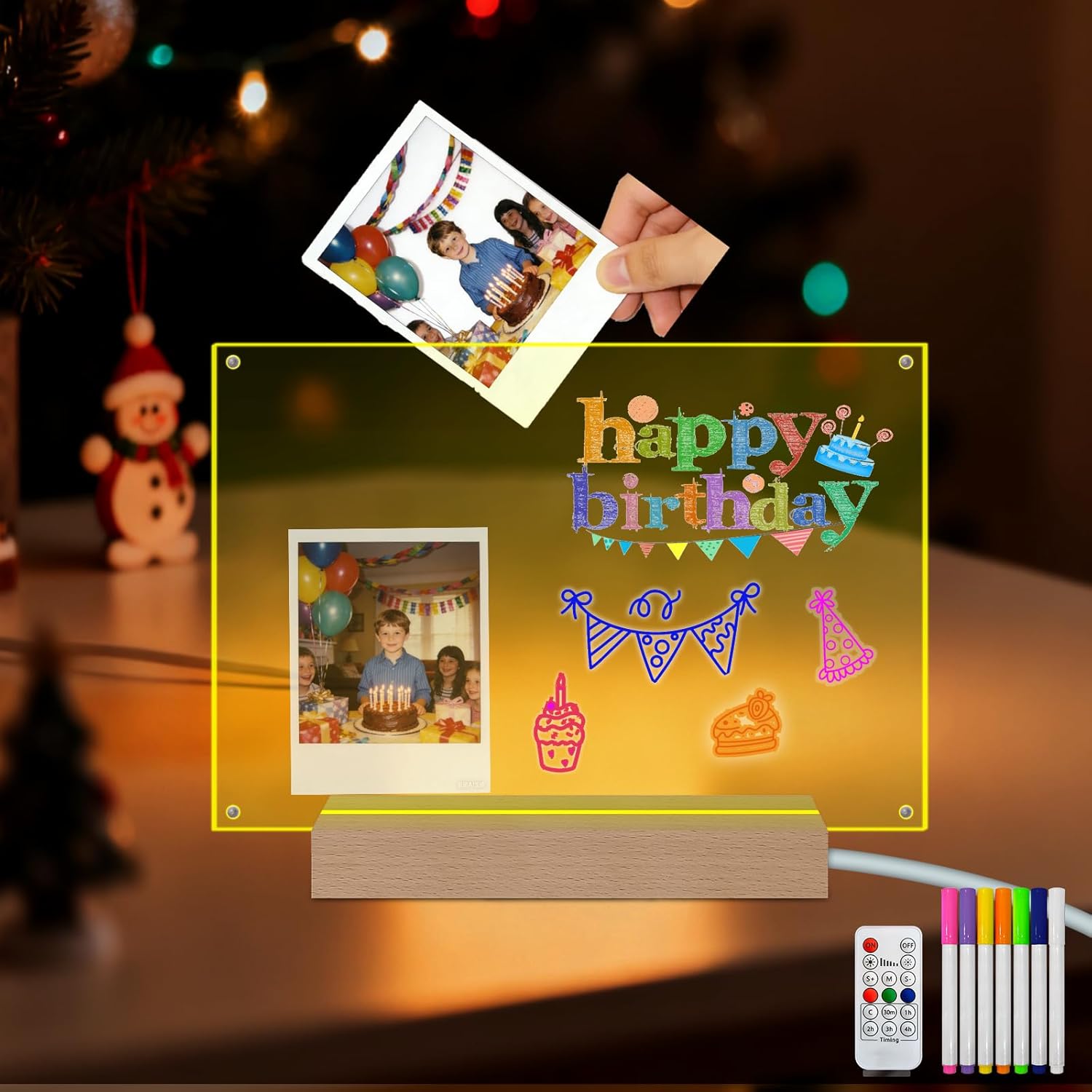 Acrylic Photo Frame LED Note Board 8.4×12 Inch Light Up Wooden Base 7 Colors Changing Clear Picture Frame with Magnetic DIY Dry Erase Board with Markers for Tabletop Desktop Display Home Decor