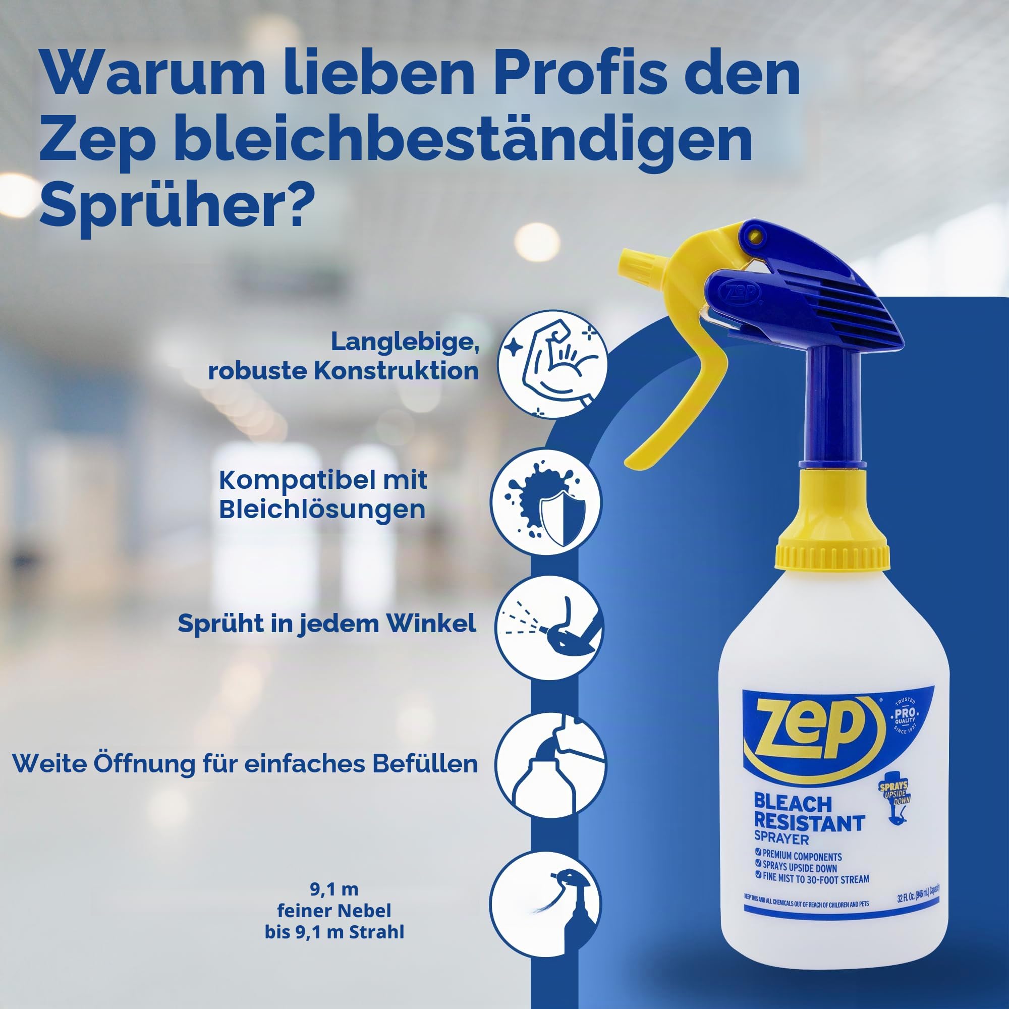 Zep Professioneller Sprüher, bleichbeständig, 2,0 Flasche, 907 ml – 9 m Spray, verstellbare Düse