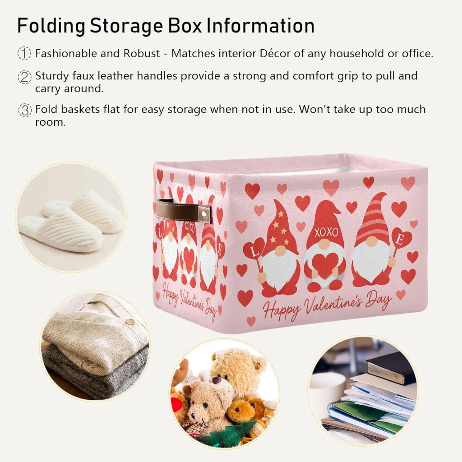 Emelivor Valentines Gnomes Hearts Pink Storage Basket Bins Foldable Decorative Storage Box Laundry Hamper Baskte Storage for Office Bedroom Clothes Bedroom Living Room,1 pcs