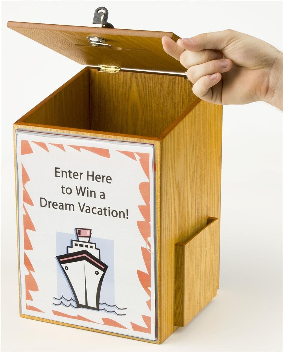 Displays2go Wood Suggestion Box, Ballot Box with Locking Hinged Lid, Built-in Side Pocket and Security Pen for Wall or Counter - Medium Oak
