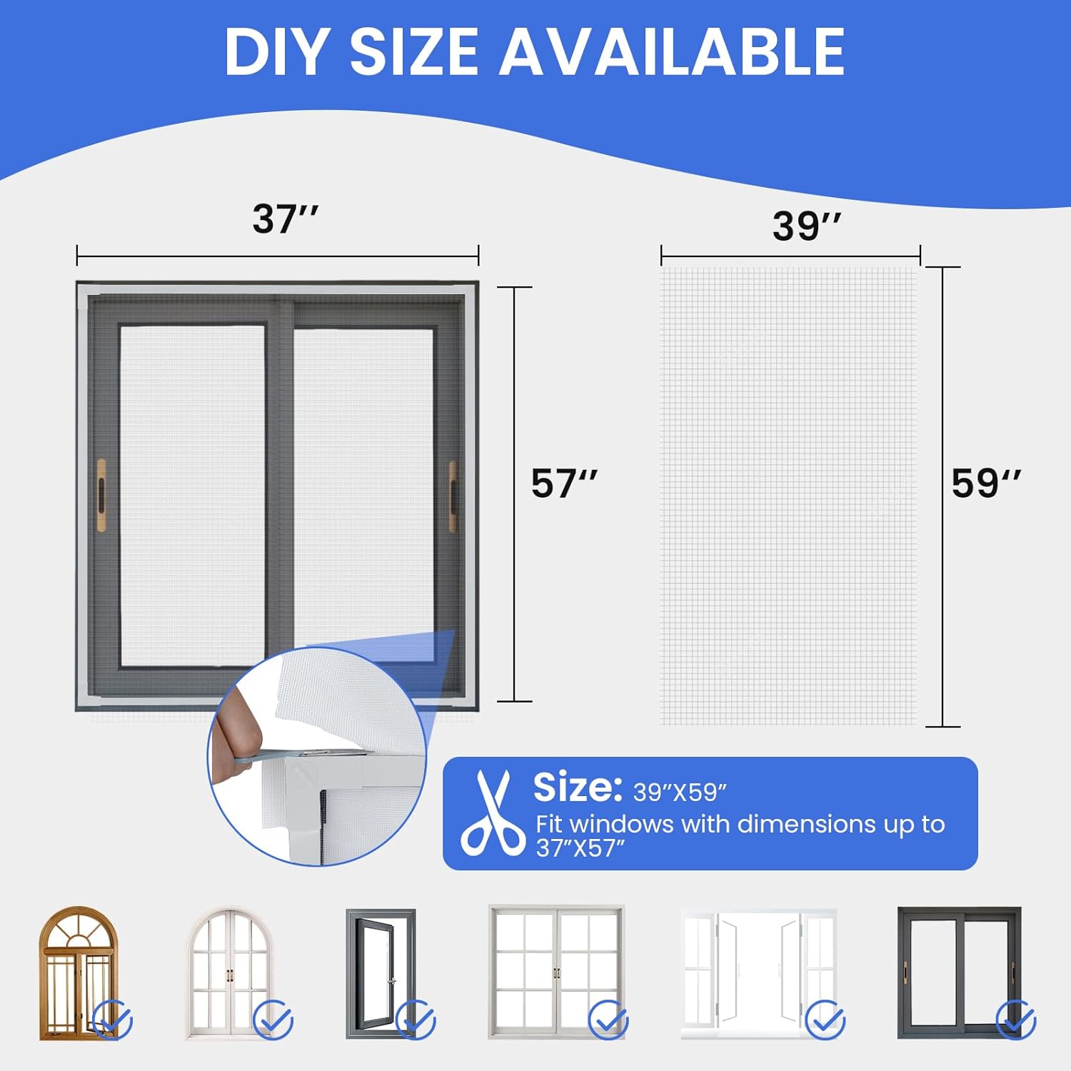 Magnetic Window Screen Adjustable Window Screen Max 39" x 59",DlY Fiberglass Window Screen Mesh for House Windows White Frame Grey Mesh