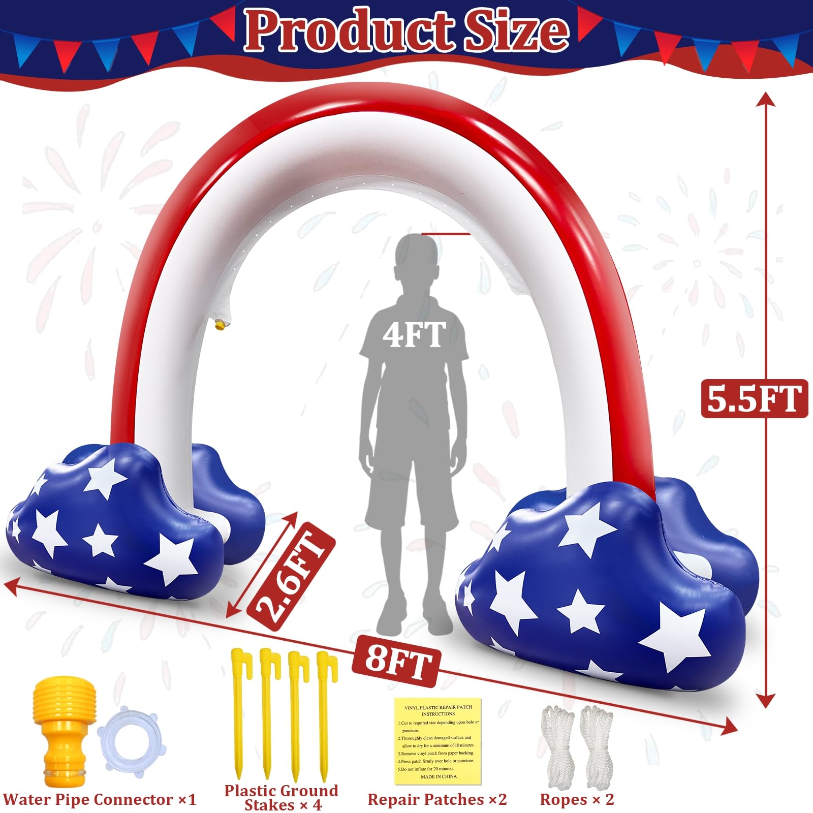 4th of July Inflatable Sprinkler for Kids, 8F * 5.5F American Flag Sprinkler Outdoor Water Toys for Kids Adults 4th of July Independence Day Summer Water Party Backyard Outside Games Activities