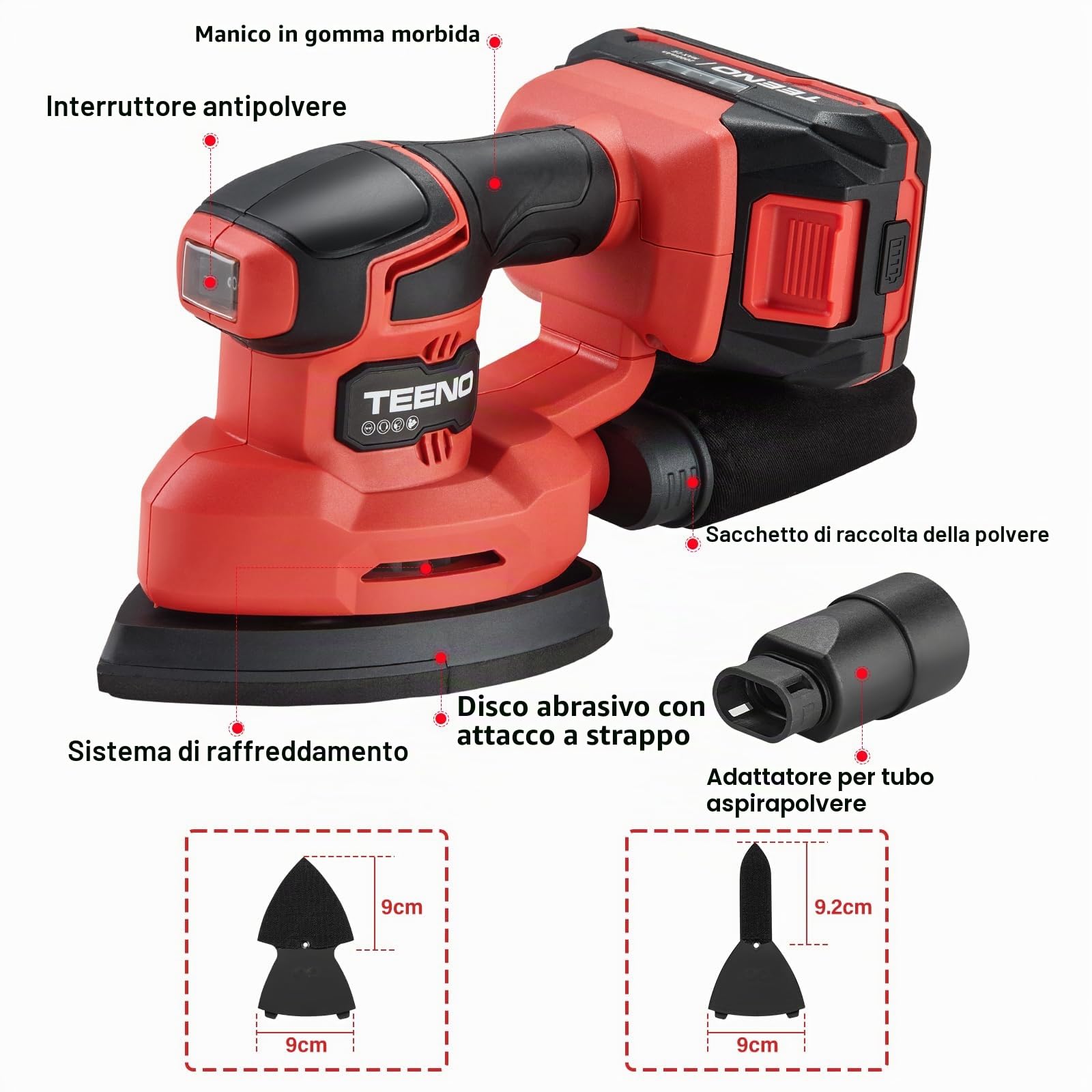 TEENO Levigatrice senza fili con batteria 3 in 1, levigatrice a delta da 20 V con batteria 2A, levigatrice per dettagli a 13000 giri/min con sacchetto di raccolta della polvere, 15 fogli di carta