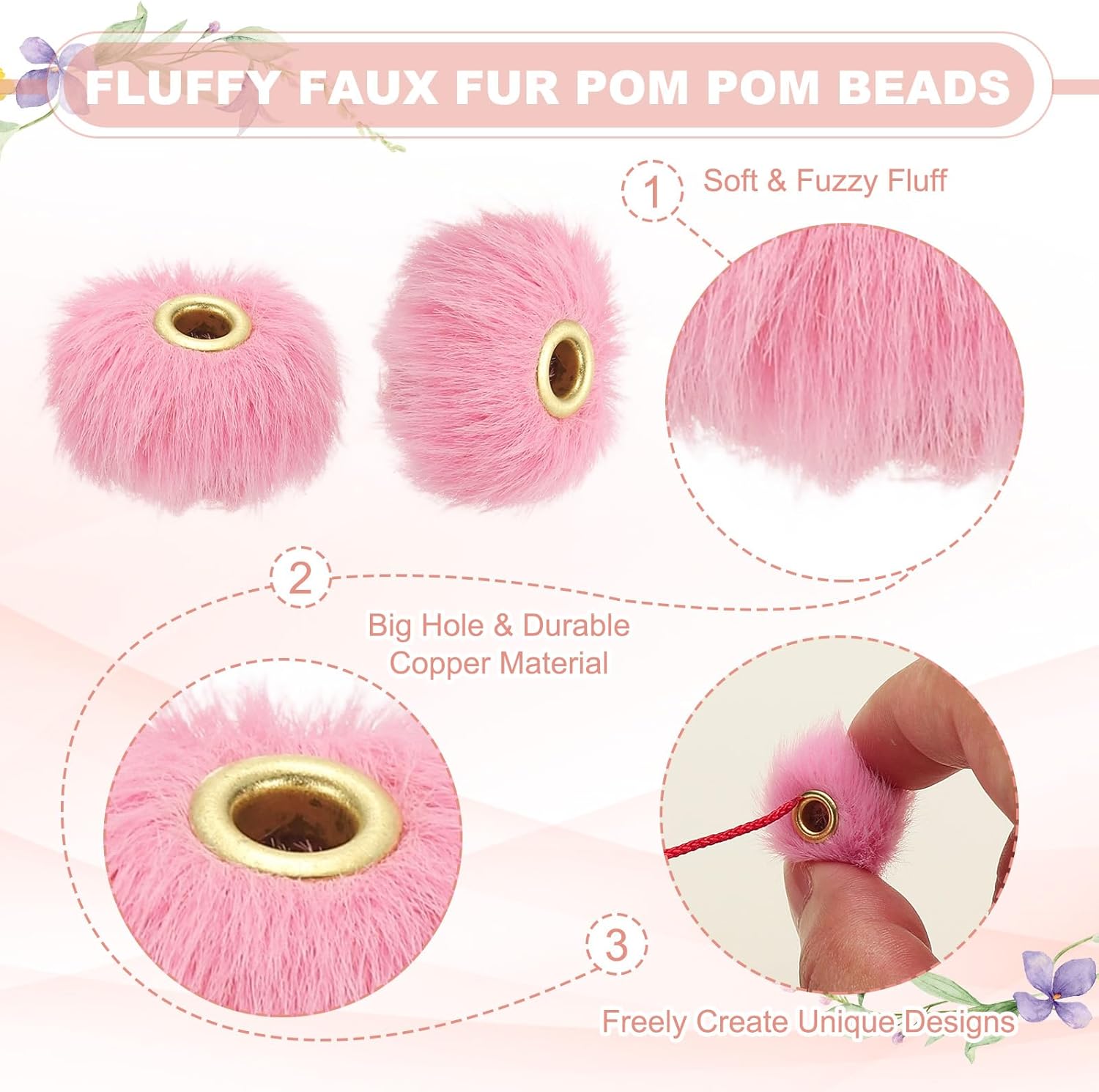 50-Pack Fluffy Faux Fur Pom Pom Beads, 2cm(0.8in) Soft Fuzzy Spacer Bead for DIY Craft/Jewelry Making/Pens/Keychain/Handicrafts, Colorful Bulk Puff Beadable Items [Pink] - Image 3