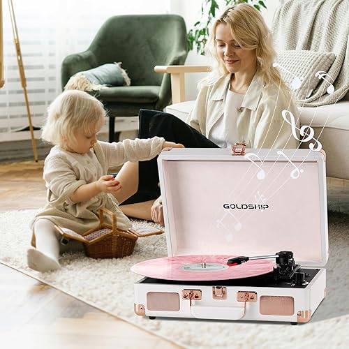 Miniatura 8 de Tocadiscos portátil de 3 velocidades con Bluetooth, batería incorporada, conector para auriculares de 0.138 in, RCA y puertos auxiliares para