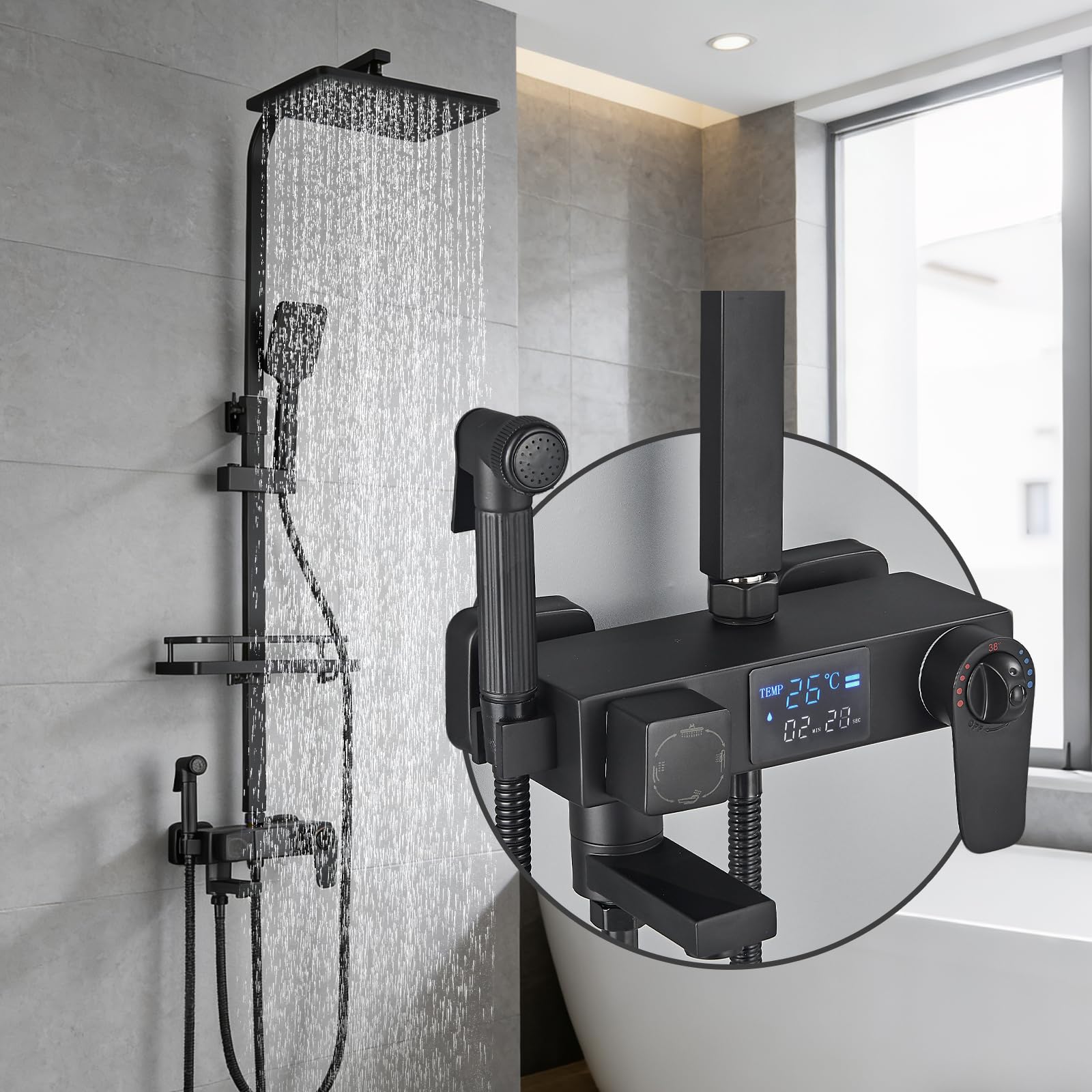 Thermostatique Noir Colonne de Douche avec Mitigeur 38°C Ensemble de Douche avec 4 Fonctions Hauteur Réglable Système de Douche à Tête Carrée avec Douchette à Main pour Salle de Bain
