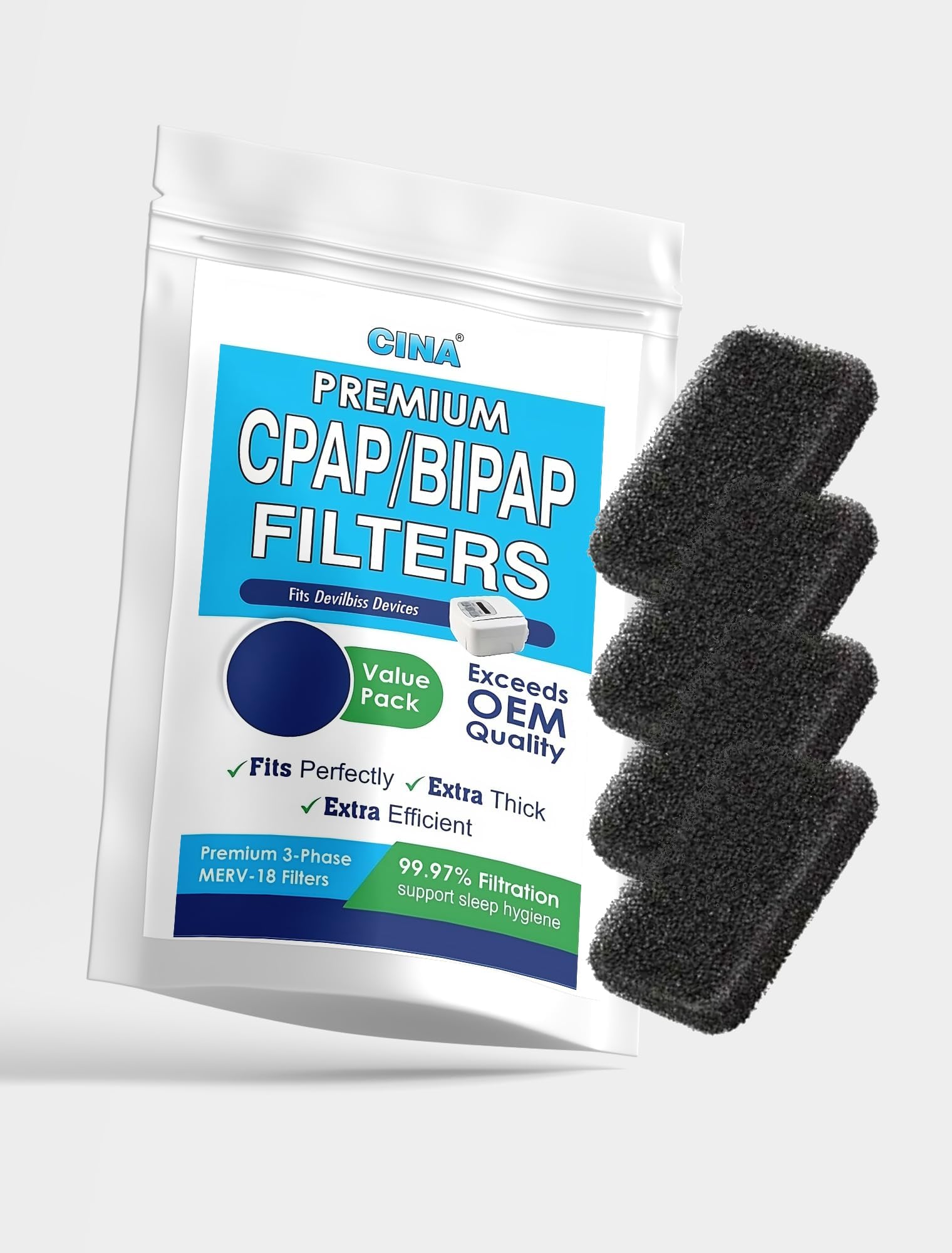 CINA® DEVILBISS FILTER CPAP AND BIPAP (4 DISPOSABLE ULTRA-FINE FILTER AND 4 REUSABLE FOAM IN A PACK)