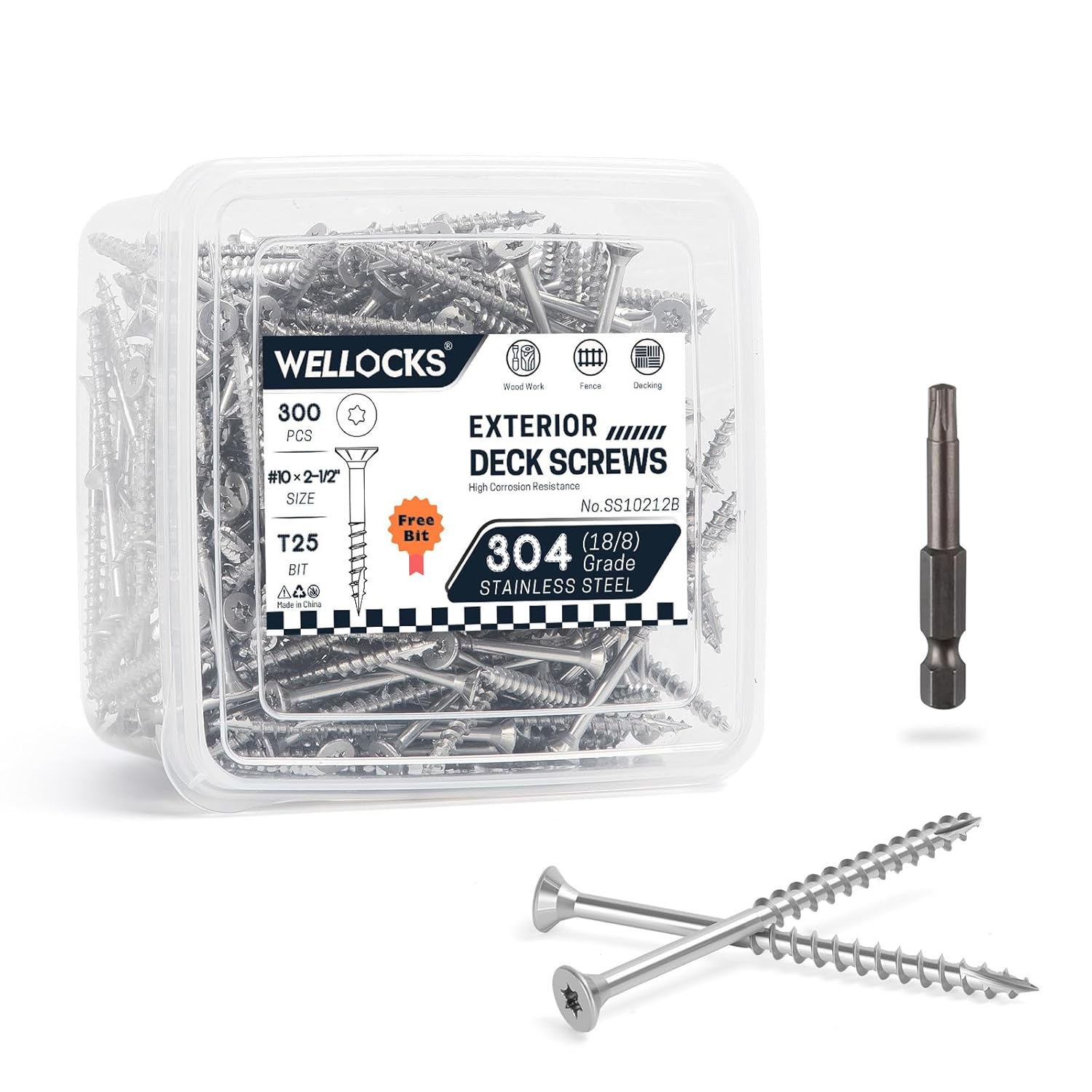 WELLOCKS Deck Screws 304 Stainless Steel #10×2-1/2" 300 PCS with T25 Star Torx Drive Flat Head Wood Screws High Corrosion Resistance for Outdoor Wood Fence(SS10212B)