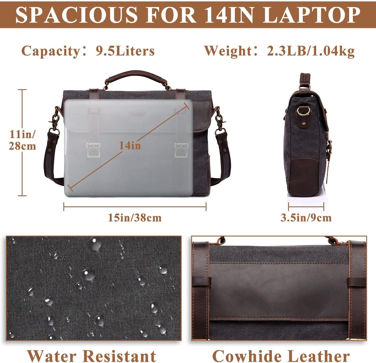 Messenger Bag for Men,Vintage Canvas Leather Canvas Laptop Satchel Shoulder Bag Business Briefcase - Image 8