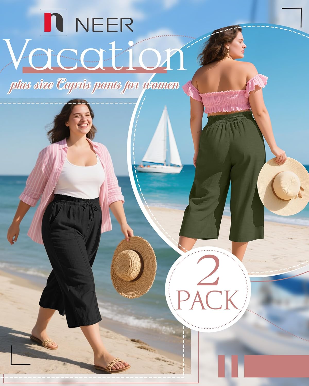 Neer 2 Pack Women's Plus Size Linen Capri Pants Wide Leg High Waisted Drawstring Lounge Palazzo Casual Trousers with Pockets