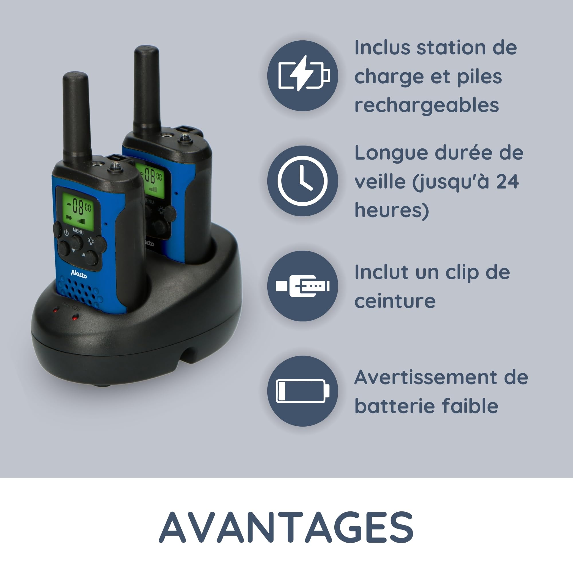 Alecto FR175BW Ensemble de Deux talkies-Walkies - Talki Walki avec portée jusqu'à 7 km - Talky Walky pour Les Enfants avec 8 canaux - Bleu/Noir