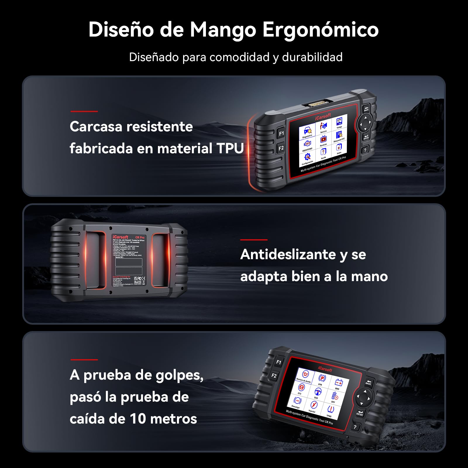 iCarsoft CR Pro OBD2 Máquina Diagnosis Coche Multimarca, Escáner de Todo el Sistema, Detector Fallos Coche con 9 Funciones Reinicio, Aceite/SAS/BMS/ABS, Prueba de Batería, Actualización de por Vida