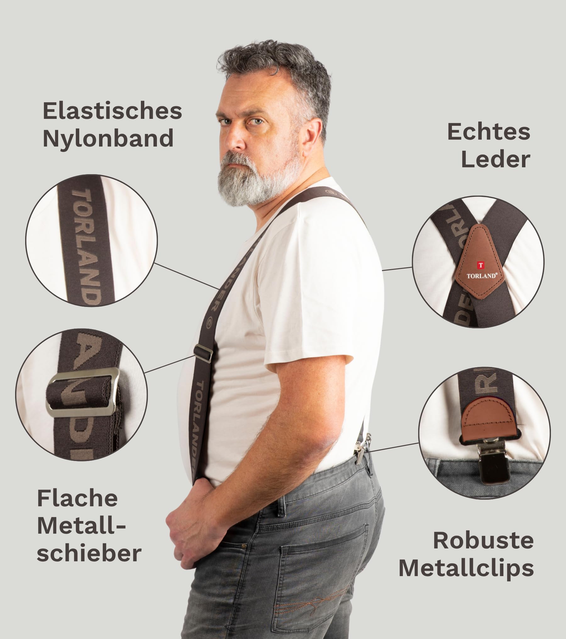 Hosenträger Herren extra stark, mit Rindsleder, 5 cm breit, für Arbeitshose, Motorradhose | 135 cm lang, verstellbar bis Körpergröße 2 m