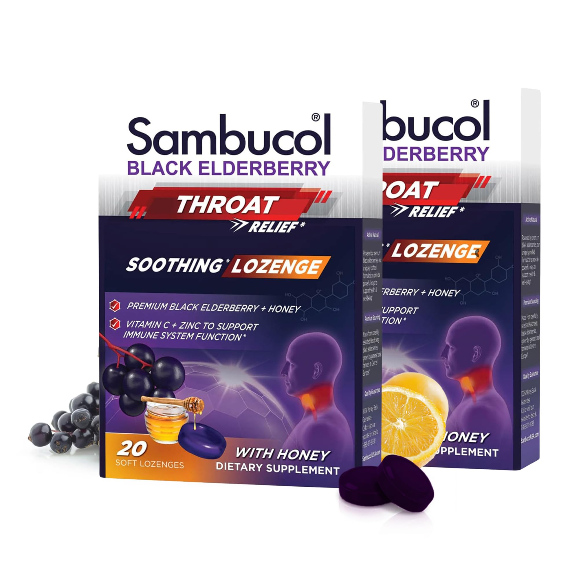 Black Elderberry Throat Lozenge - with Honey, Vitamin C & Zinc, Elderberry Lozenges Sore Throat & Cough, Soothes Scratchy Throat, Supports Immunity, Soft & Chewy - 20 Count, 2-Pack