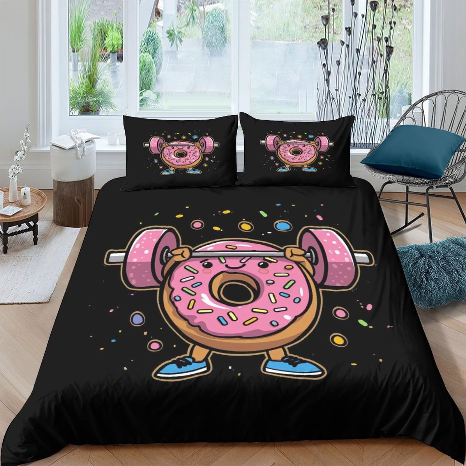 XFKLYNVCJ 3D Printed Donut Lifting Bedding Cover Microfiber Cute Cartoon Duvet Cover Machine Washable Quick Drying for College Dormitory Student Accommodation Bedding Use King（220x240cm）