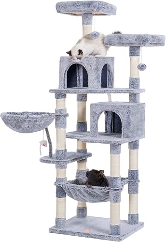 Miniatura 18 de Heybly Árbol para gatos con juguete, torre condominio para gatos de interior, casa para gatos con percha acolchada de felpa, hamaca acogedora y Beige