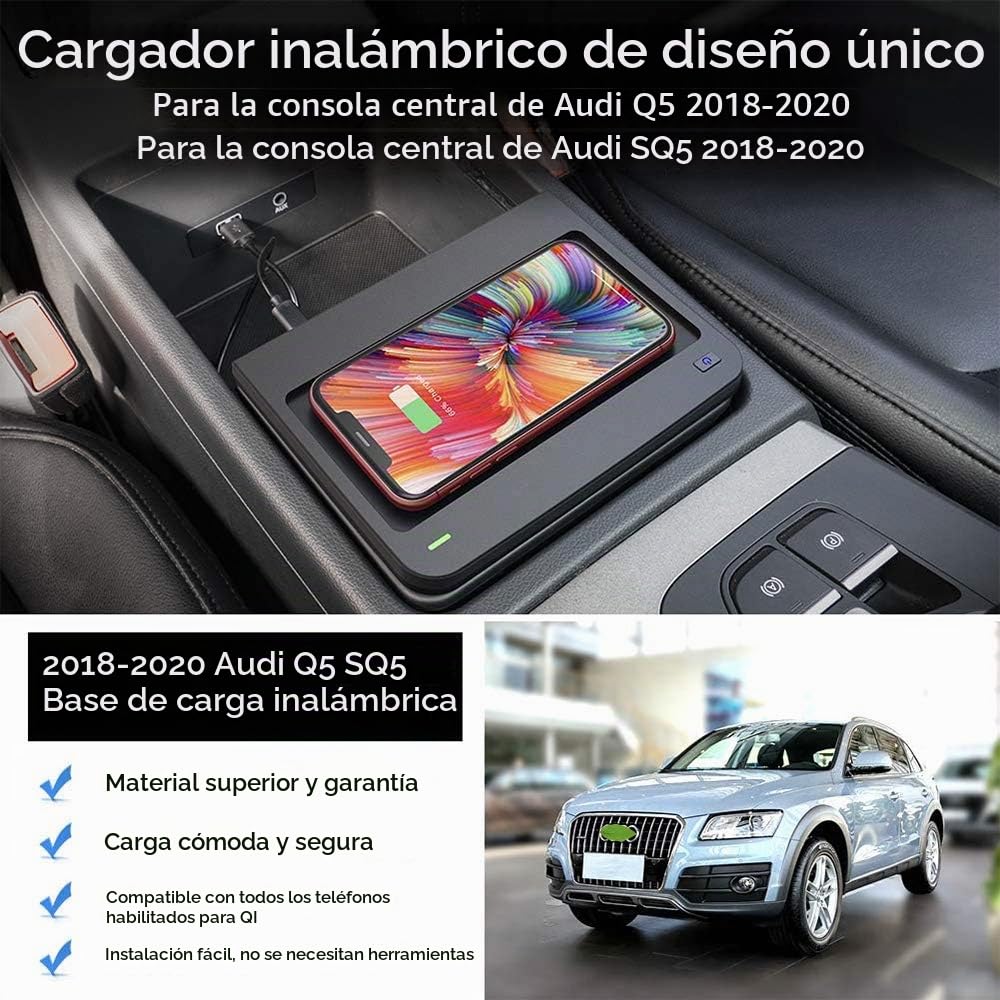 Cargador Inalámbrico Coche para Audi Q5 SQ5 2020 2019 2018 Consola Central Accesorios Panel, 10W Qi Carga Rápida 3 Bobinas Auto Teléfono Cargador para iPhone 11/XS/XR/X/8, Samsung S10/S9/S8