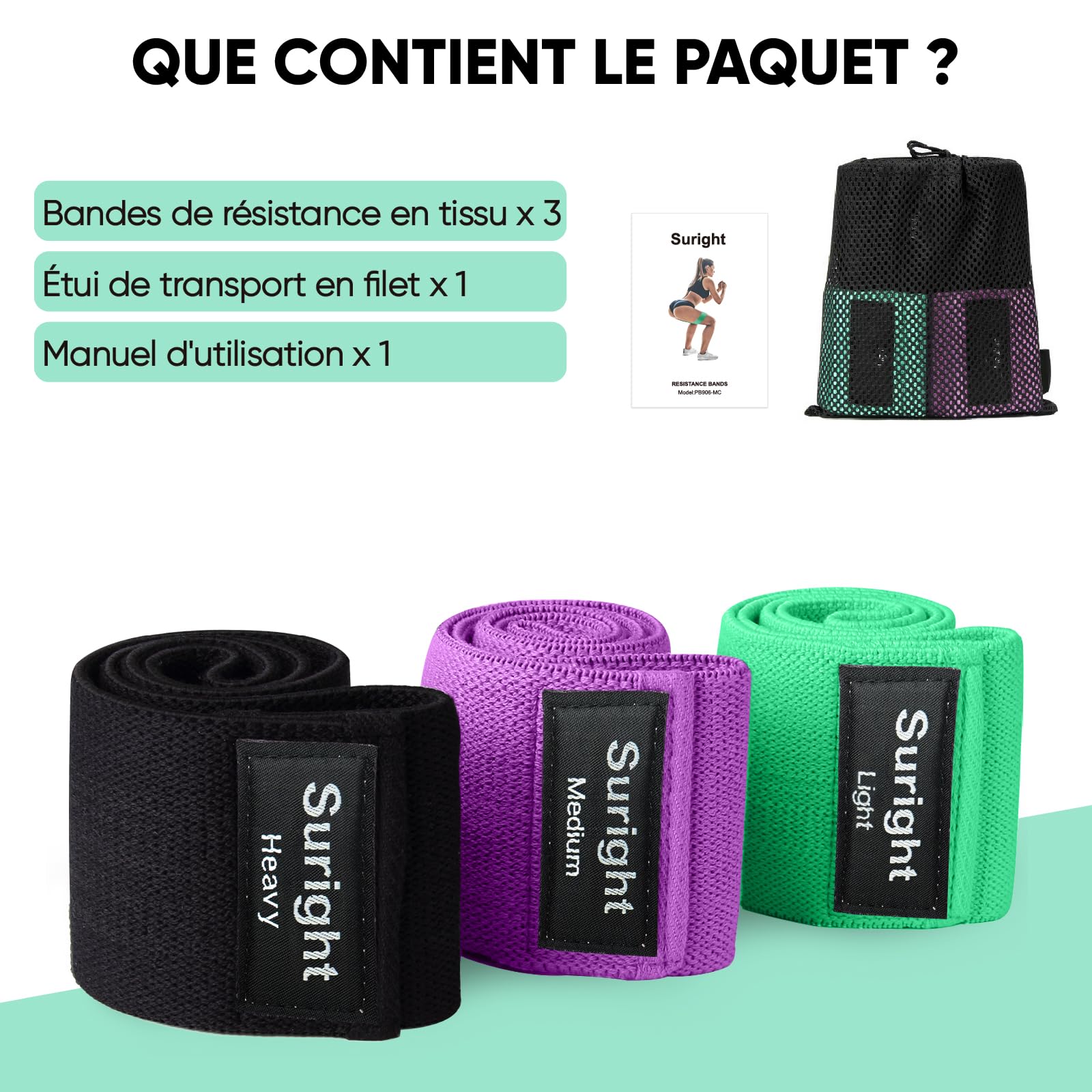 Suright Bande Elastique Musculation en Tissu, Bande Elastique Fitness 3 Niveaux de Force, Elastique Sport pour Le Yoga/Pilates/Fitness/Squats/Pont fessiers
