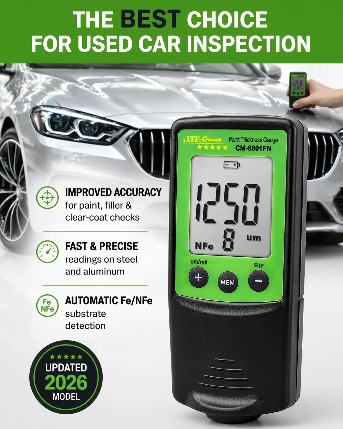 Paint Thickness Gauge CM-8801FN for Cars – Digital Coating Thickness Meter image 2