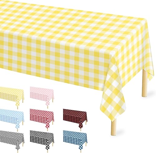 Mantel rectangular a cuadros amarillo de 54 x 108 pulgadas, mantel desechable de plástico impermeable para picnic al aire libre, cocina, fiesta de