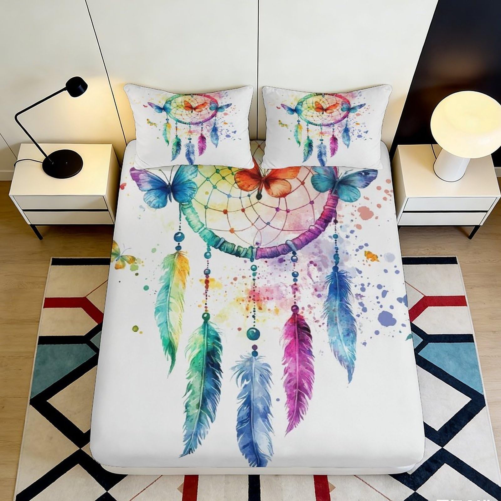 3D Printed Dreamcatcher Fitted Sheet Microfiber Colorful Feather Bed Cover for Bedroom Guest Room Mattress Protection Decor 90x200x25cm