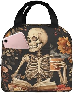 Lunch Bag Flower Skull Book Retro Insulated Lunch Box Reusable Cooler Tote for Adults Student Girl Boy Work Office School Picnic Over 3 Years Old
