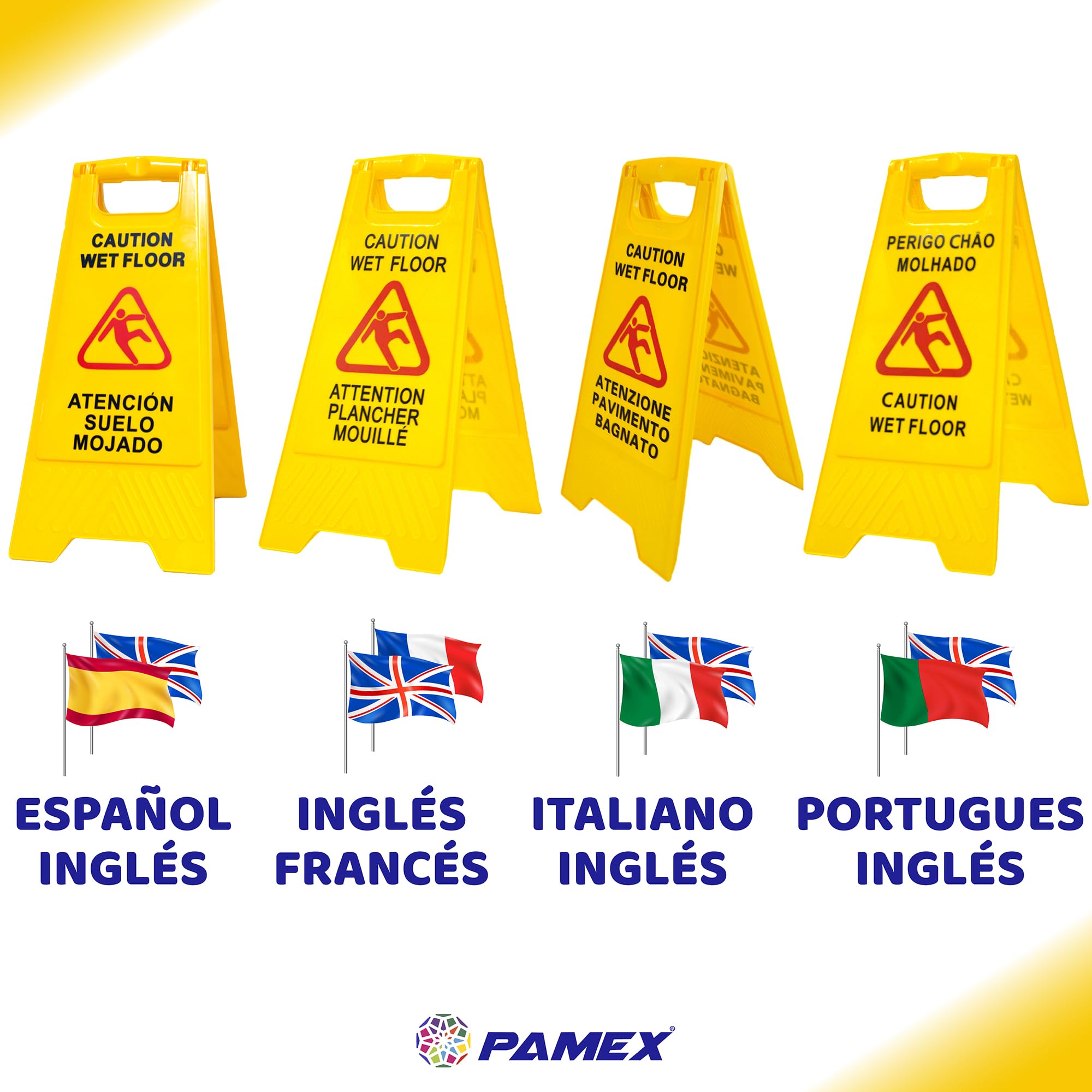 Señal Aviso profesional "Caution wet floor - Atenzione pavimento bagnato". En Inglés e Italiano. Alta visibilidad para evitar accidentes