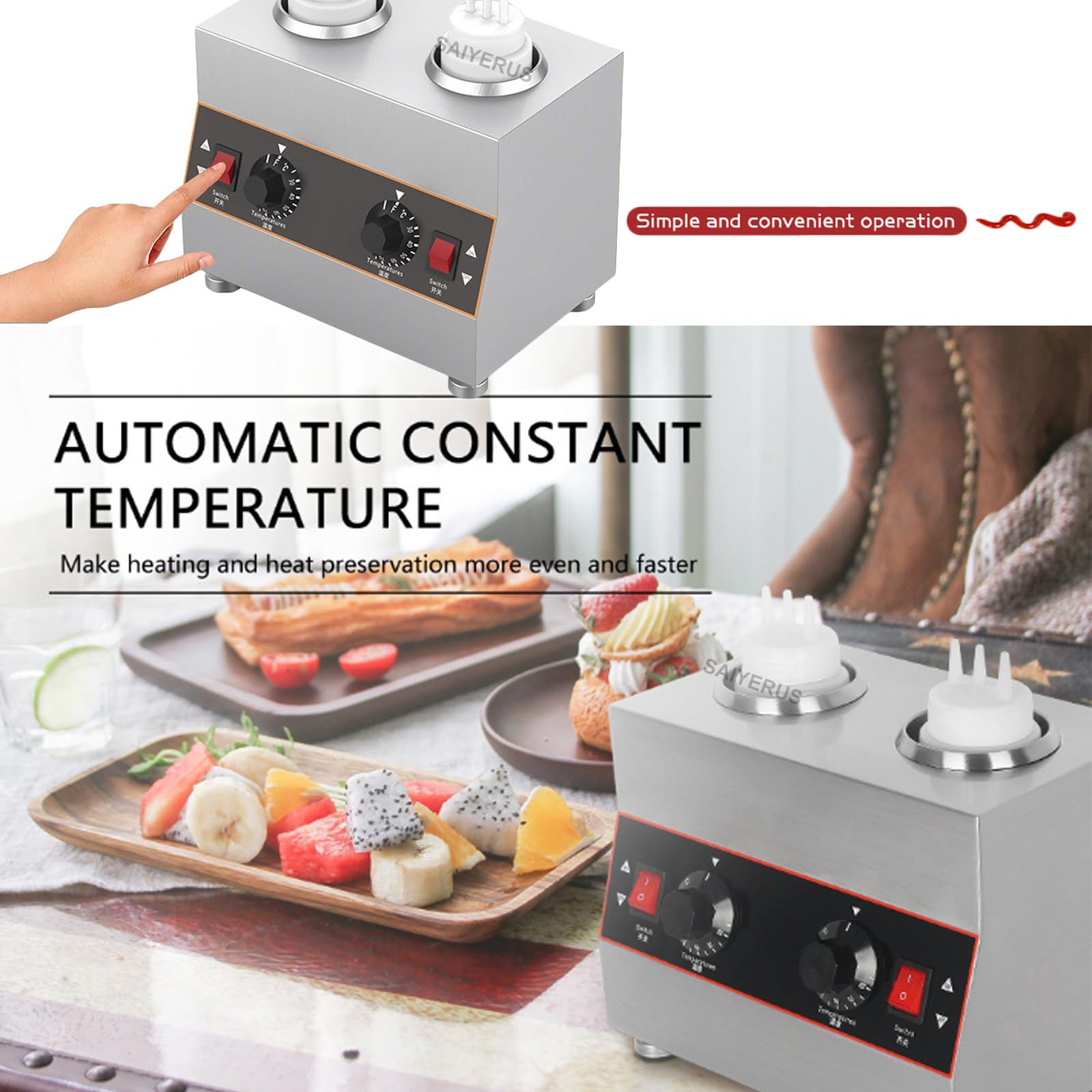 Komercyjny Podgrzewacz do Sosów,Elektryczny Podgrzewacz do Sosów z Butelkami na Sos,Stal Nierdzewna,Konserwacja Dżemu,Temperatura 30-85°C,Regulowana do Karmelu, Chili, Curry, Masła, Sosów,4 Grids