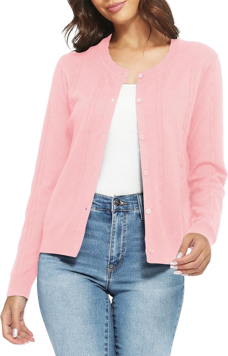 Urban CoCo Women's Crew Neck Button Front Cardigan Sweaters Long Sleeve Open Front Soft Knit Sweater Outfits - Image 5