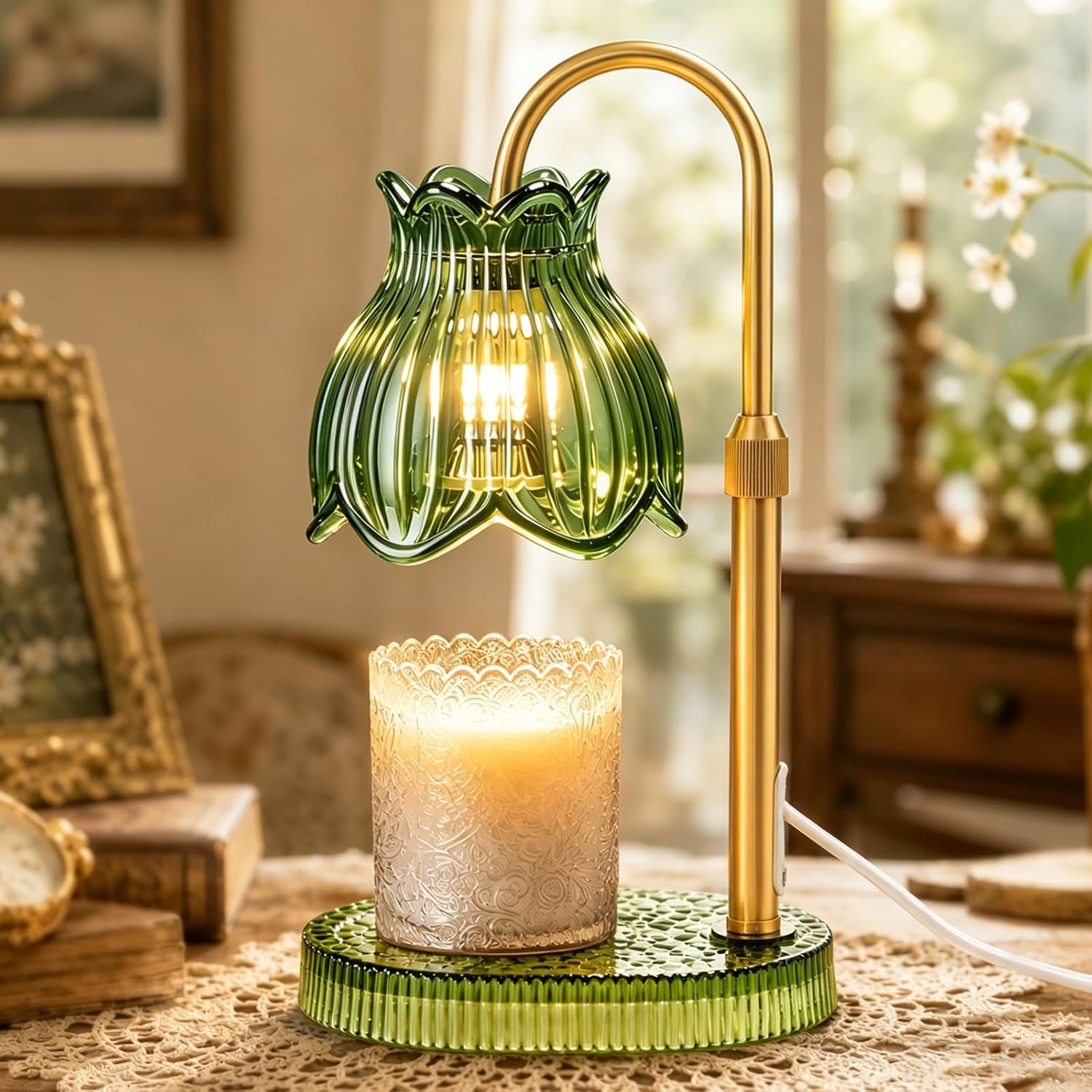 JACCAWS Candle Warmer Lamp with Timer Dimmer, Adjustable Height (Green) | Electric Wax Warmer Flower Lamp, Birthday Gifts for Women, House Warming Vintage Home Decor, Table Light for Living Bedroom