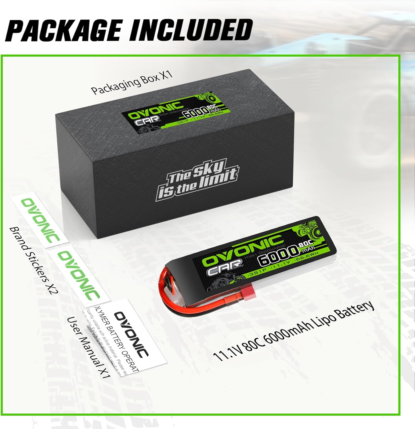 OVONIC 11.1V Lipo Battery 3S 80C 6000mAh Hard Case Battery with Dean-Style T Connector Plug for RC 1/8 1/10 Scale Vehicles Car Trucks Boats