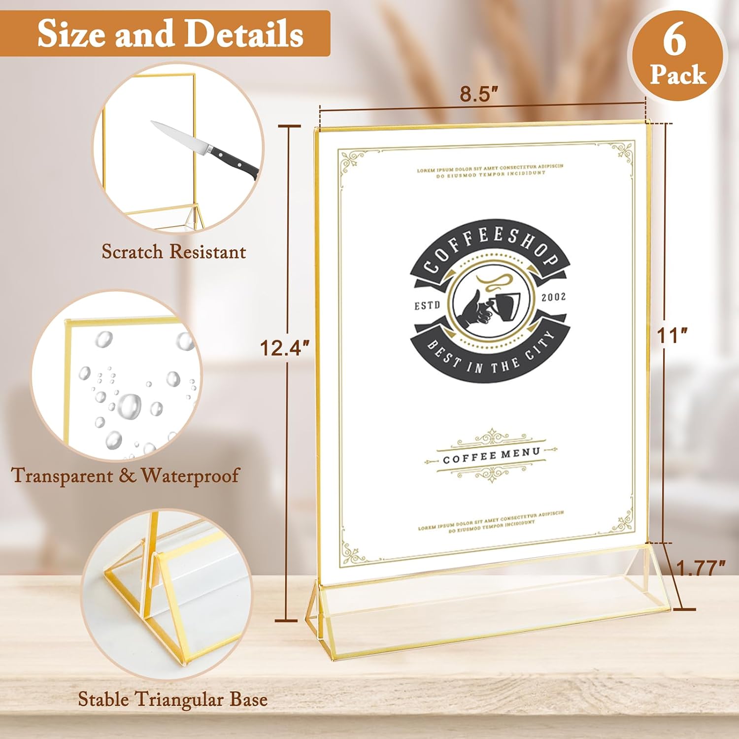 floroom 6 pack 8.5x11 inch clear acrylic sign holders, double-sided gold display stand picture frames for table numbers, menus, flyers, weddings, and offices gold 8.5" x 11"- 6 pack