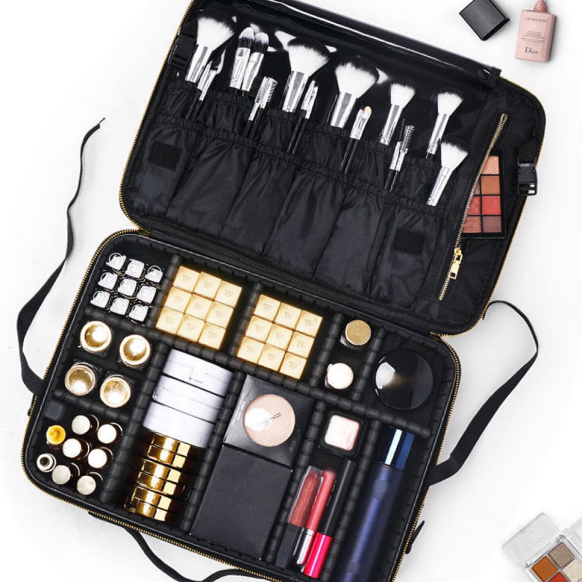 Ciieeo Borsa per Proteggere e Organizzare i Trucchi da Viaggio Oxford Nero per Cosmetici Pratica Trousse Donna Design a Griglia e Manico