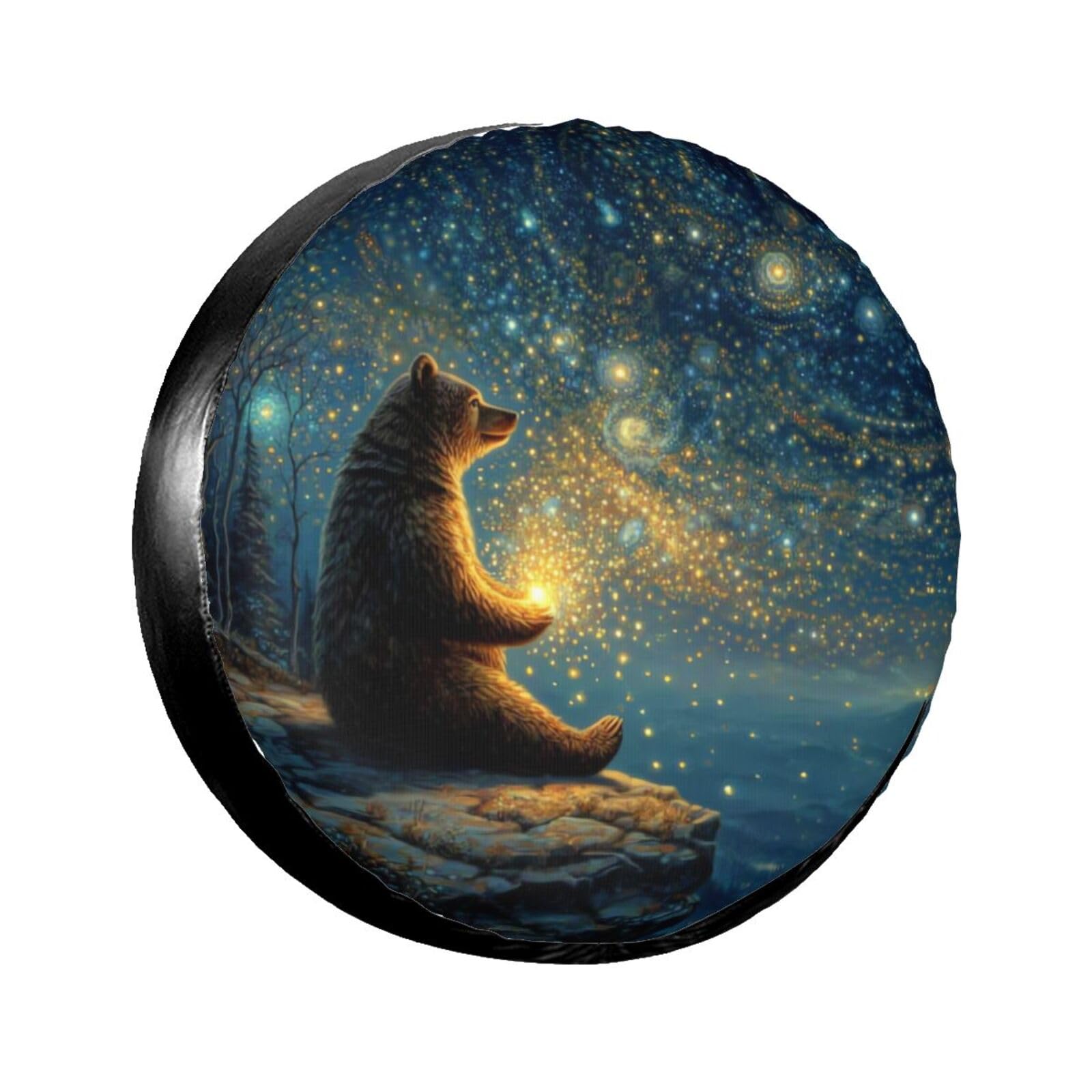 Bear with Fireflies Spare Tire Cover for Rv SUV Truck Camper Trailer,Cute Animal Tire Cover Wheel Covers Universal Fit,17 inch