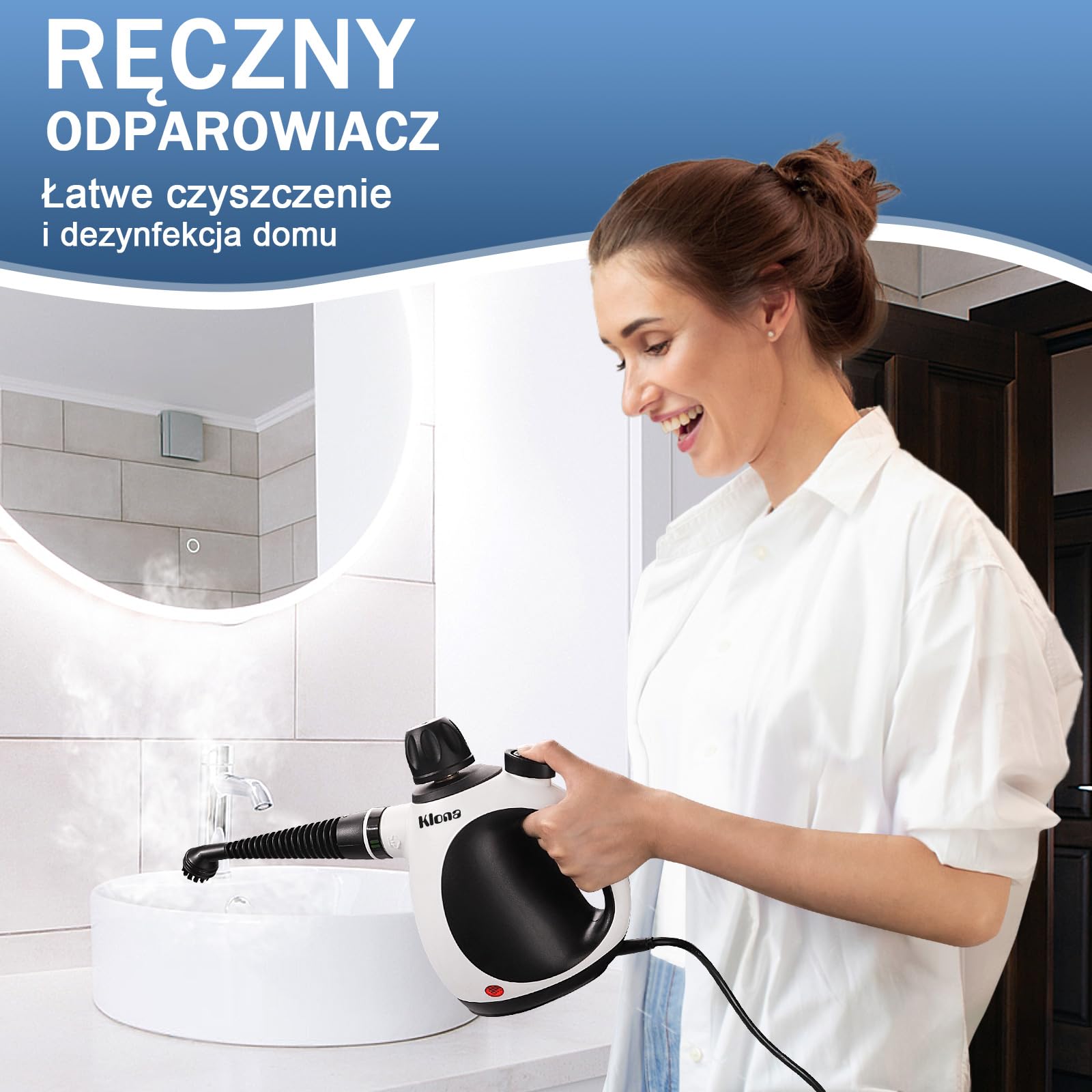 KLONA Ręczna myjka parowa do domu, wielofunkcyjna myjka parowa z 10 akcesoriami do dywanów, zasłon, sof, kuchni, łazienki i wielu innych.