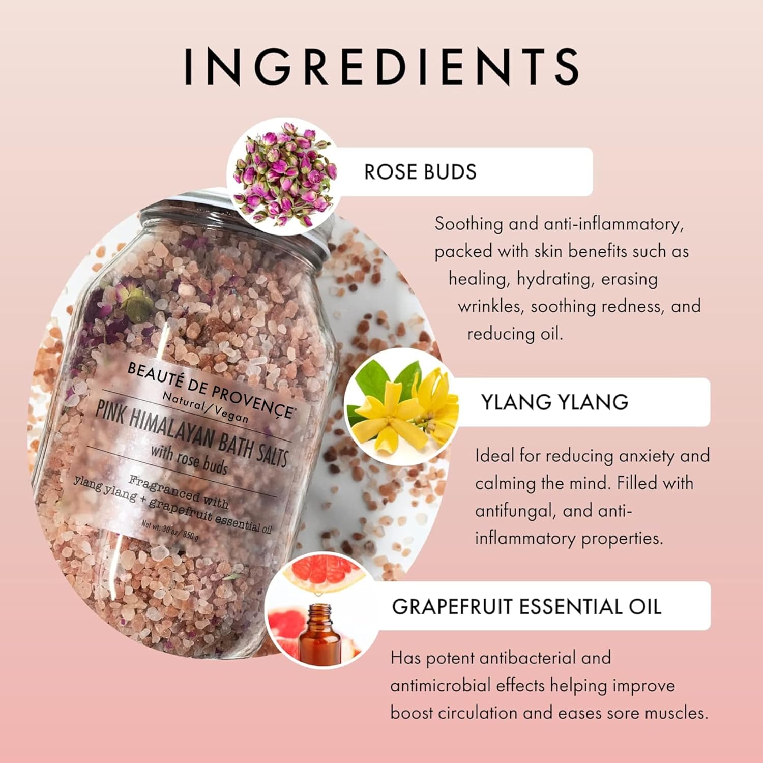 Beaute DE Provence Pink Himalayan Bath Salt with Rose Petals - 100% Natural Aromatherapy & Relaxation - Ylang Grapefruit Essential Oil Bath Salts for Women - Cruelty-Free, Revitalize & Soothes Skin - Image 3