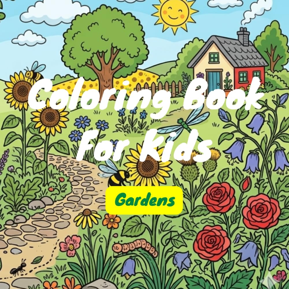 Coloring Book For Kids: Gardens, Flowers, trees, Butterflies
