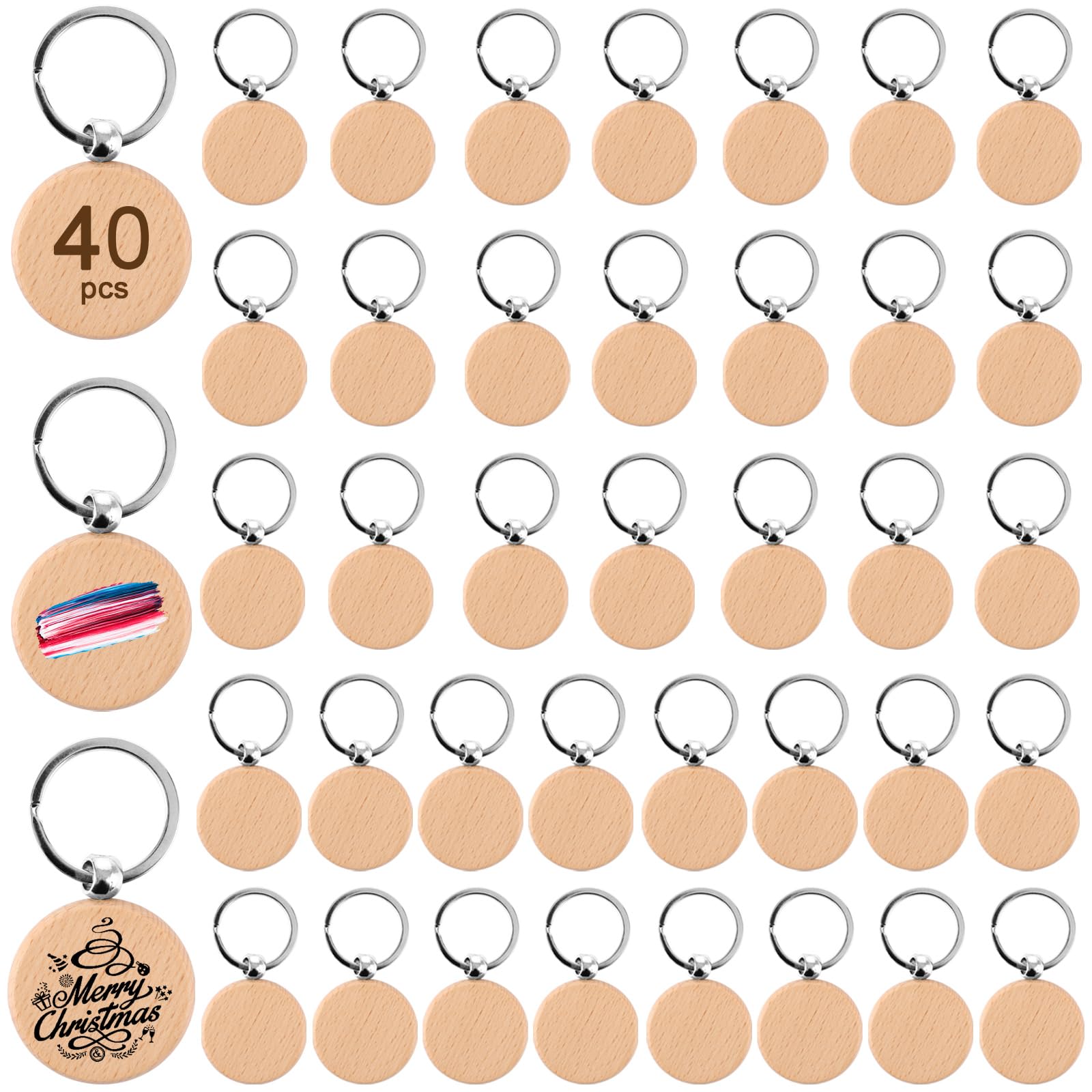 WOPPLXY 40 Pièces Porte Clés Bois Vierges, Porte-Clés en Bois Naturel, Porte-clés Ronds pour Pyrogravure, Gravure, Bricolage Artisanat (Diamètre 4cm, Épaisseur 0,7cm)