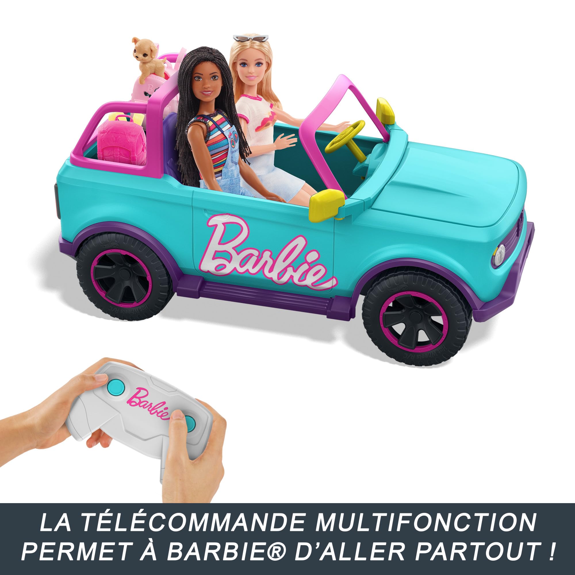 Hot Wheels Voiture Télécommandée, Grand Véhicule Tout-Terrain Barbie Véhicule pouvant contenir 2 poupées Barbie, Autocollants à appliquer par Les Enfants pour Personnaliser Le véhicule, HTP53