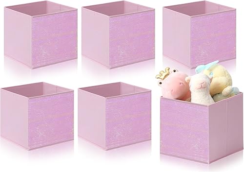 ELUCHANG Paquete de 6 cubos de almacenamiento para niñas, cubos de almacenamiento plegables de tela de lentejuelas de 10 pulgadas con asa, cubos de
