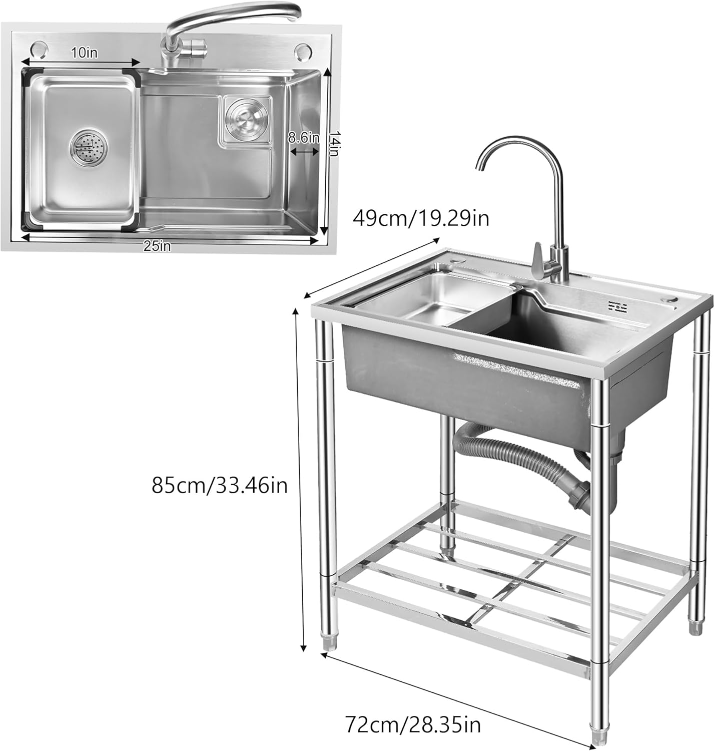 Free Standing Stainless Steel Kitchen Sink W/Cold and Hot Water Pipe Faucet Stainless Steel Sink Free Standing Utility Sink Stainless Steel Sink Laundry Sink Hand Washing Station Corner Kitchen Sink