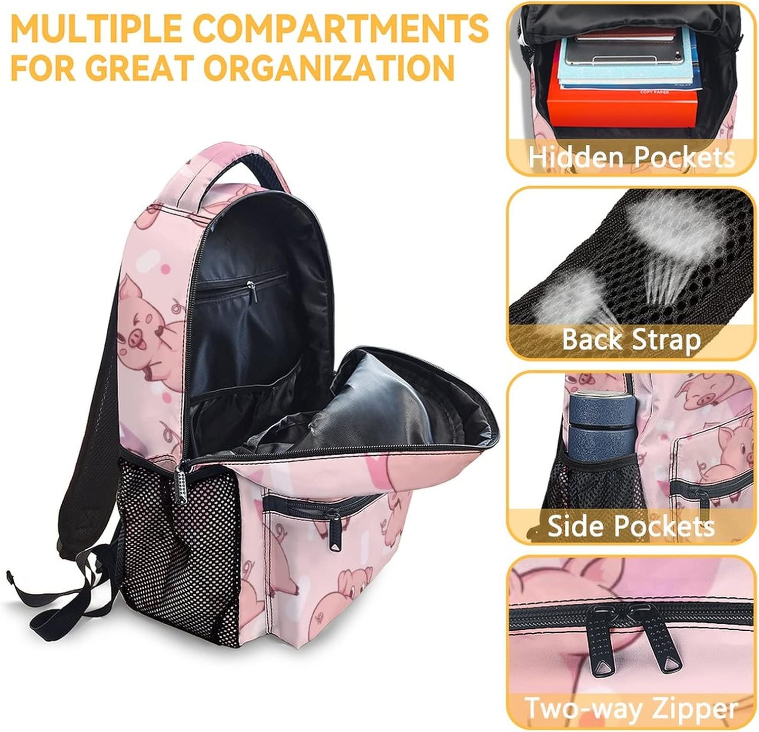 Pig Backpack Gifts, 16 Inch Cute Pig Bookbag Durable, Lightweight, Large Capacity, Funny Animal Backpack for School