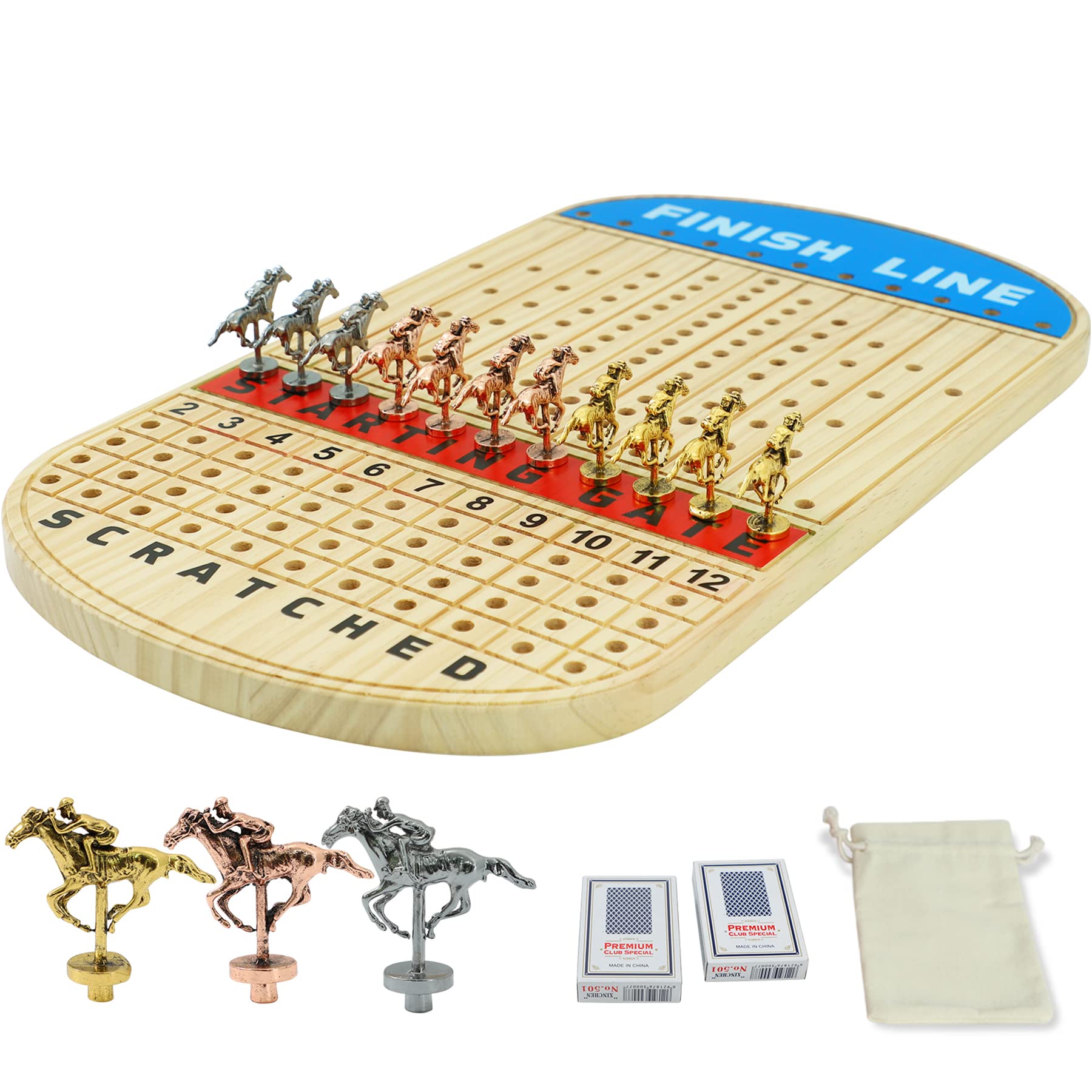 Jyquorp 21 inches Horse Race Board Game Racing Game Solid Wood with 11 Luxurious Durable Classic Metal Horses with 4 Dice and 2 Boxes of Cards Finish Line Horse Racing Game