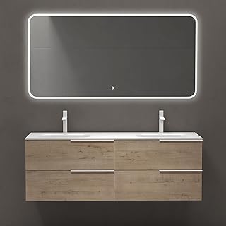 doporro Meuble de Salle de Bains 144 cm avec Double Lavabo Ensemble de 2 Pièces Vasque et Meuble sous Vasque Chêne Clair Design Vanessa