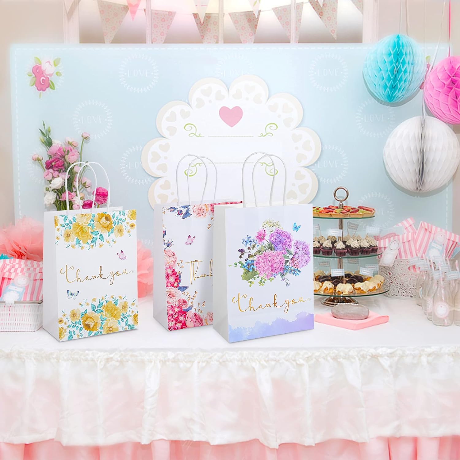 Kesote Small Thank You Gift Bags 12 Pack Floral Design Thank You Bags with Handles, 8.6" X 6.2" X 3" White Kraft Paper Bags Favor Bag Gift Bags for Small Business Wedding Bridal Shower Baby Shower - Image 5