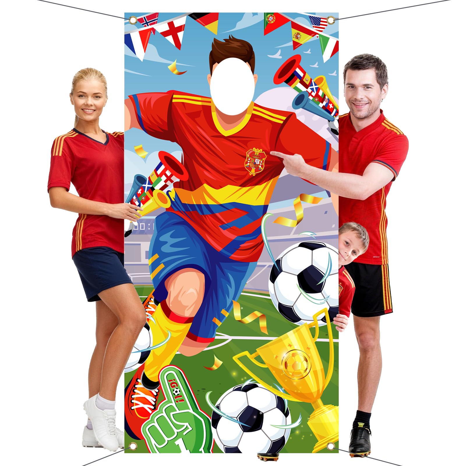 DPKOW España 2026 Mundial Pancarta Photocall Accesorios, Divertido Futbolista Cara Juego para Fútbol Copa del Mundo España Selección Animación Decoración Mundial 2026 Espana Aficionados, 185 * 90 cm - 1