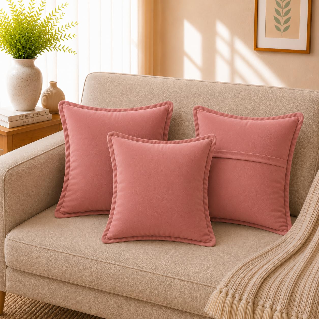 Velvet Cushion Covers Set of 3 | 16x16 Inch 40x40 cm Soft Decorative Throw Pillow Covers with Hidden Zipper for Sofa, Couch, Bed & Living Room | Square Pillow Case - Blush Pink-picture-18