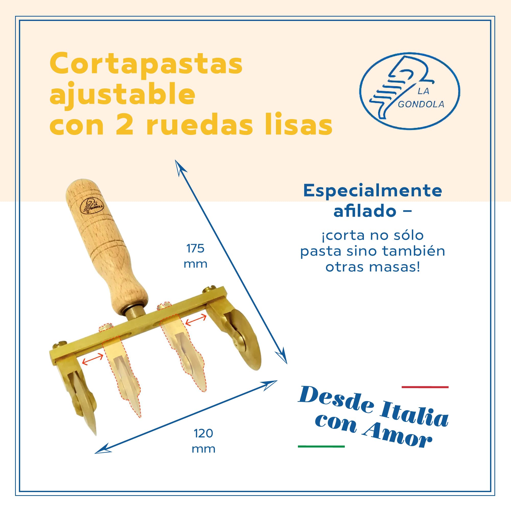 La Gondola Cortador de Rueda Ajustable (2 Lisas) | Utensilios para Pasta Fresca para Casa y Negocio | Cortapastas Fácil de Usar de Latón y Madera Natural | Cortador de Raviolis
