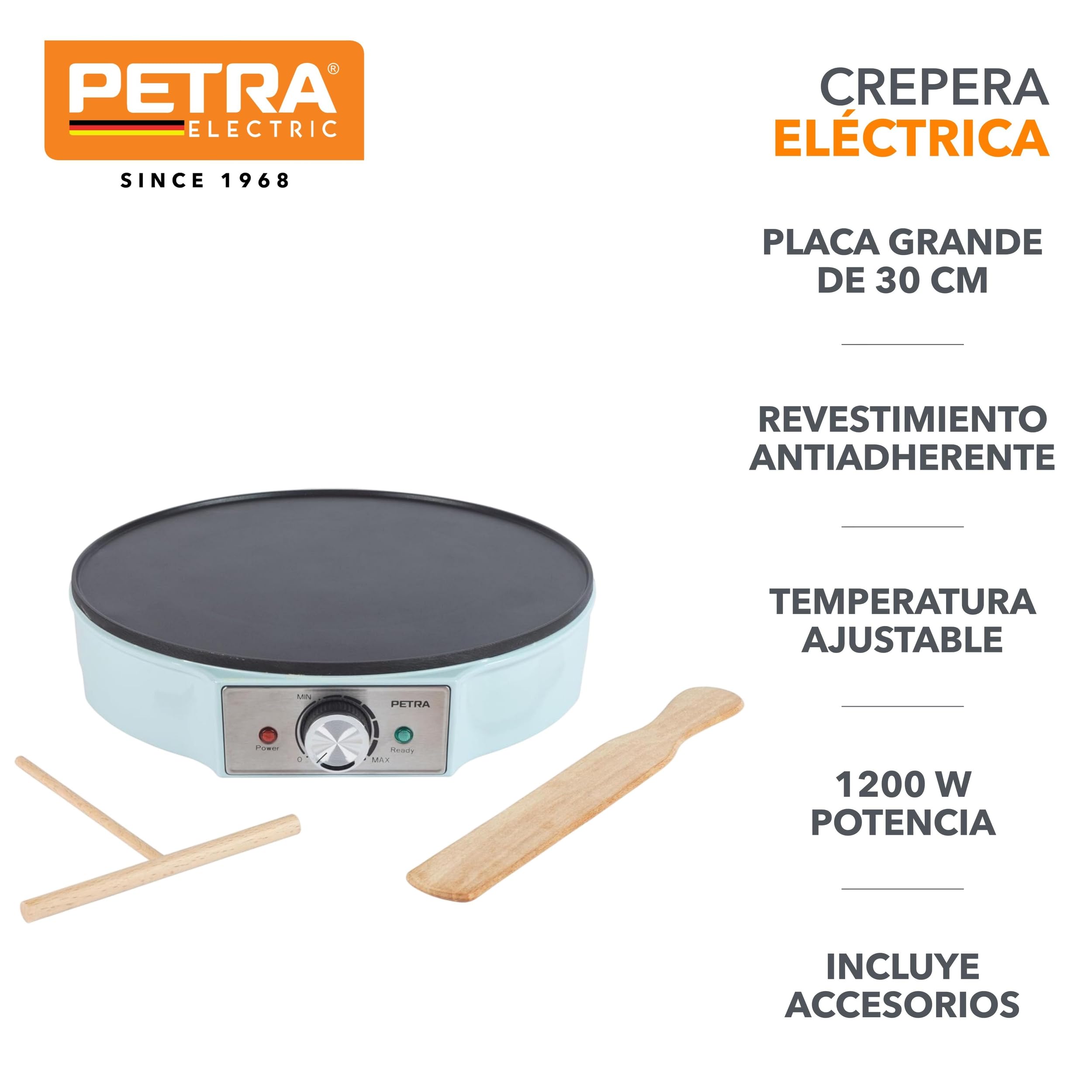 Petra PT6223BLVDE Crepera – Placa eléctrica para panqueques, superficie de cocción antiadherente, placa grande de 30 cm, temperatura ajustable, spreader y espátula de masa, 1200 W, azul
